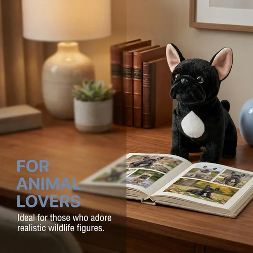 Vista 5 de Juguete de peluche de bulldog negro, realista de 13 pulgadas, animal de peluche de perro Bulldog negro, lindo juguete de peluche para cachorros