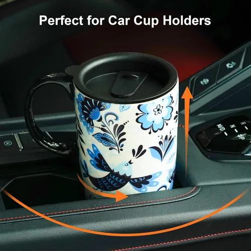 Vista 3 de Topadorn Taza de Café de Cerámica de Viaje con Tapa y Caja de Color, 17oz Termo de Café Apto para Microondas y Lavavajillas, Pájaro Azul