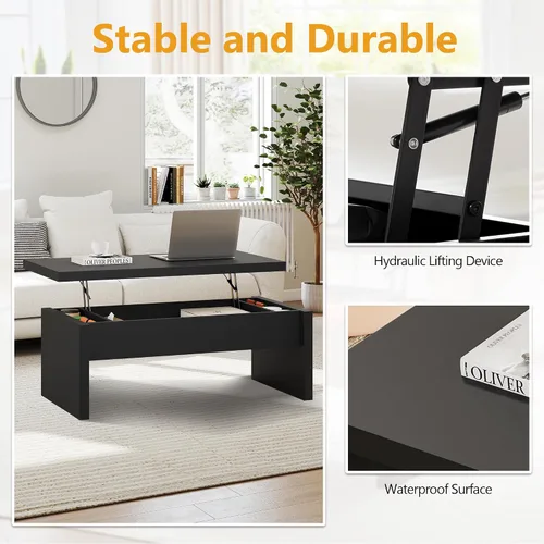 Vista 5 de Mesa de Centro Pequeña con Tapa Elevable, Mesa de Centro Rectangular de Madera con Tapa Elevable y Compartimento de Almacenamiento Oculto, Mesas