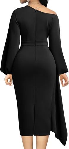 Vista 2 de Oxgmoky Vestidos de iglesia para mujer, vestidos de trabajo, negocios, manga entallada, cuello redondo, vestidos de lápiz negros