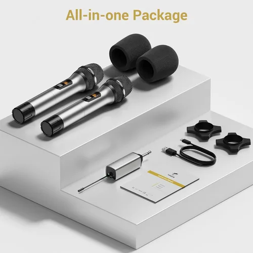 Vista 9 de TONOR Micrófonos inalámbricos, sistema de micrófono dinámico de metal inalámbrico dual UHF con receptor recargable, para canto de karaoke, boda, DJ