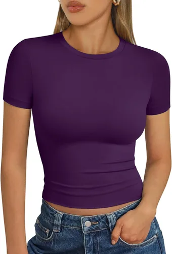 Vista 16 de Trendy Queen - Camisetas básicas para mujer, camisetas de verano 2025, de manga corta, ajustadas, para gimnasio, entrenamiento, ropa estilo Y2K