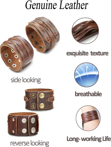 Vista 3 de THUNARAZ 2PCS Leather Cuff Bracelet Wrap Wristband Button Bangle for Men Women Adjustable Wide Brown Belt Punk Bracelet