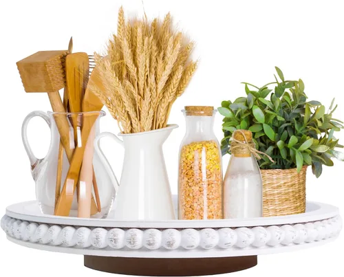 Vista 9 de HPC Decor - Organizador de madera Lazy Susan con cuentas de 12 pulgadas para decoración de mesa de granja, tocadiscos redondos para armario de mesa