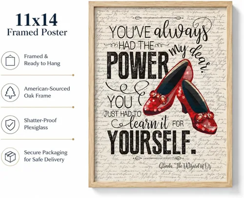 Vista 2 de Glinda The Wizard of O-Z You've Always Had the Power Inspirational Quote 11x14 Framed Wall Art Ready to Hang Ruby Slippers Literary Fantasy Decor