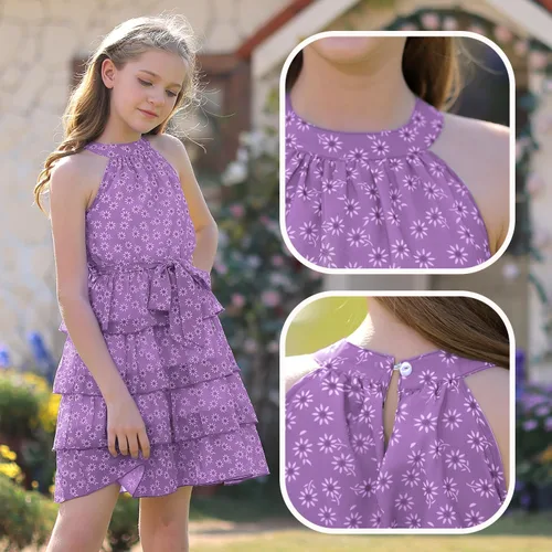 Vista 3 de Vestido floral con volantes y cuello halter para niñas, vestido de gasa de verano con cinturón