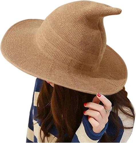 Vista 3 de jbyrvq Sombrero de bruja para mujer, gorro de lana para Halloween, accesorio de disfraz de cosplay
