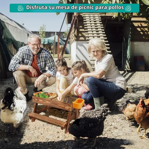 Vista 7 de Mesa de picnic de pollo, comedero de pollo sin desperdicios hecho a mano de madera carbonizada, kit grande de comedero de pollo para bricolaje