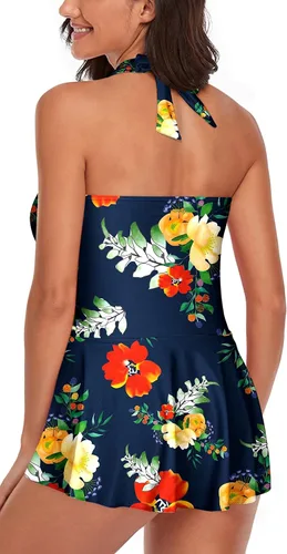 Vista 2 de Omichic Traje de baño tankini halter de dos piezas para mujer, con control de abdomen, cuello en V, con pantalones cortos