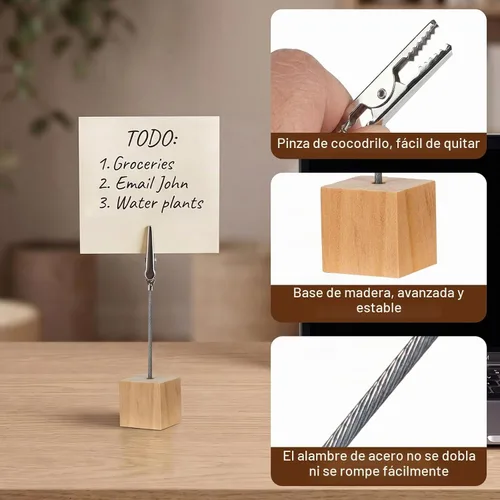 Vista 3 de 20 soportes para tarjetas de lugar con clips y soporte de madera, soporte de clips para fotos para mesa, soporte de números de mesa de madera