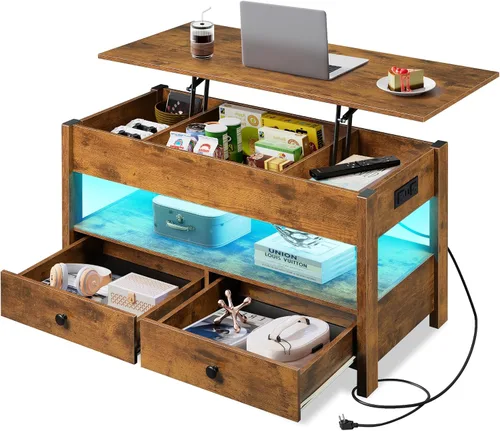 Vista 8 de WLIVE Mesa de centro con tapa elevable para sala de estar, mesa de centro pequeña con almacenamiento, estante ajustable y compartimento