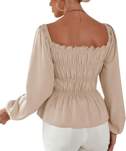 Vista 2 de LYANER Women's Frill Smock Retro Square Neck Long Sleeve Shirred Blouse Tops