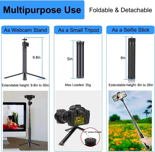 Vista 5 de JCWINY Soporte de cámara web de 30 pulgadas de alto, trípode extensible para cámara web de escritorio, trípode para cámara web de aluminio, soporte