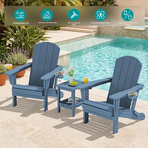 Vista 6 de SERWALL Juego de 4 sillas Adirondack para exteriores con 2 portavasos, plegable, azul
