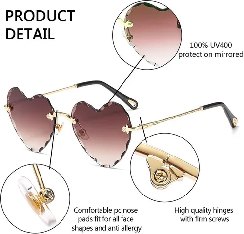 Vista 3 de Lentes de sol con forma de corazón, con marco de metal fino, sin marco, con forma de corazón, con protección UV400 para mujer