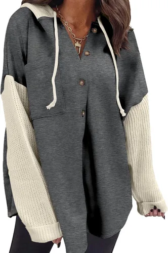 Vista 19 de SHEWIN - Sudadera de gran tamaño para mujer, de ajuste holgado, casual, manga larga, con botones, con capucha y bolsillos a gris