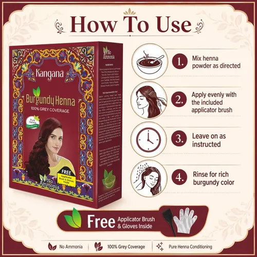 Vista 6 de Kangana Polvo de henna burdeos para una cobertura del 100% de las canas, polvo de henna natural para teñir el cabello, 5 bolsas
