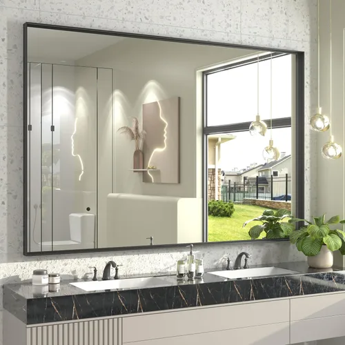 Vista 116 de Paquete de 2 espejos de baño con marco de metal negro de 22 x 30 pulgadas, espejo rectangular redondeado negro mate, antioxidante, se cuelga
