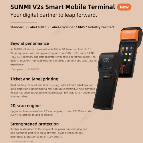 Vista 8 de Sunmi V2s Terminal POS con impresora de recibos, altavoz, cámara y escáner de código de barras todo en uno, impresora PDA portátil, sistema Android