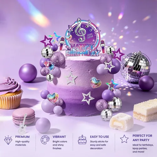 Vista 5 de 38 adornos morados para tartas musicales, disco y bola morada, papel, guitarra, micrófono, decoración de pastel de estrellas para Kpop, suministros