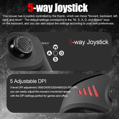 Vista 2 de zelotes Ratón inalámbrico Bluetooth con joystick, recargable, 24.000 DPI, 11 botones programables, RGB, modo dual (BT+receptor USB de 2.4 G), mouse