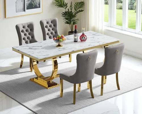 Vista 72 de Juego de 4 mesas de comedor blancas y doradas, mesa de cocina rectangular de 68 pulgadas con parte superior de mármol sintético blanco, mesa de Mesa