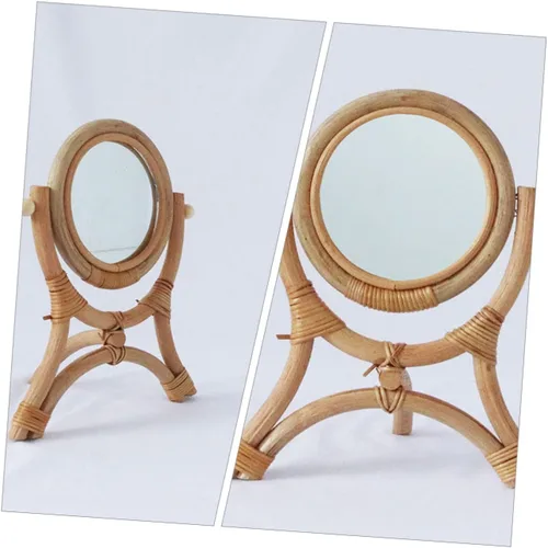 Vista 4 de GANAZONO Rattan Makeup Mirror 3-Legged Round Decorative Mirror Adjustable Rotation for Girls Bedroom for Makeup and Decor