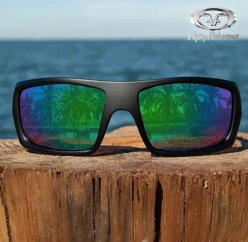 Vista 6 de Flying Fisherman Gafas de sol polarizadas Sargasso, Marco negro matelente de espejo verde ámbar