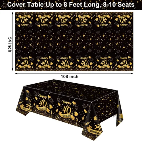 Vista 2 de Paquete de 3 manteles de plástico desechables para cumpleaños de 40 años, color negro y dorado Mantel rectangular impermeable para cumpleaños, 40