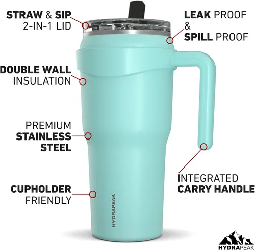 Vista 2 de Hydrapeak Roadster - Botella de agua de acero inoxidable de 40 onzas con aislamiento al vacío de doble pared con asa y tapa con popote 2 en 1