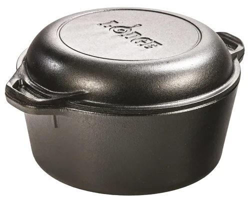 Vista 2 de Lodge Olla de hierro fundido doble horno holandés de hierro fundido, 5 cuartos de galón y soporte de mango de silicona ASAHH41, rojo