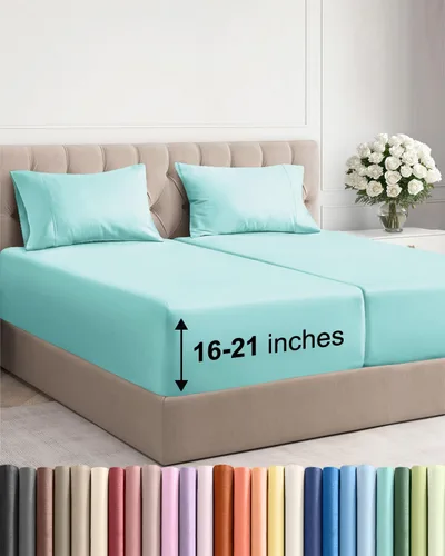 Vista 15 de Juego de sábanas tamaño Queen con bolsillos extra profundos, sábanas transpirables y refrescantes de 4 piezas, ropa de cama de lujo para hotel