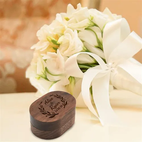 Vista 4 de Caja de anillo de boda personalizada para ceremonia, caja de anillo ovalada de madera, caja de soporte para anillos de boda para él y ella, caja