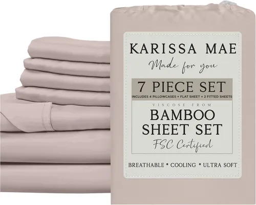 Vista 81 de KARISSA MAE Juego de sábanas de viscosa de bambú de lujo, 100% certificado FSC, refrescante, lujosamente suave, bolsillos profundos de 18 pulgadas
