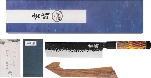 Vista 4 de Concord Genbu - Cuchillo de chef tradicional japonés martillado con doble biselado, hoja 9CR18MOV con 60 HRC. Mango de resina de concha de tortuga.
