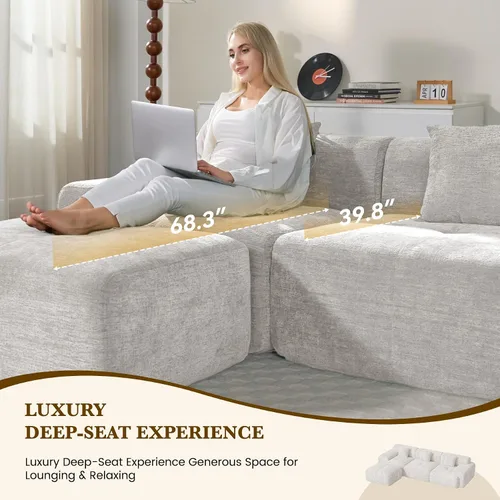 Vista 6 de Sofá modular convertible en forma de L de 122", sofá seccional tipo nube con otomán, sofás de chenilla sin estructura de 4 plazas para sala de Beige