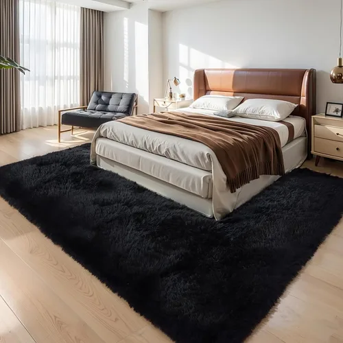 Vista 6 de KICHOWUA - Tapete grueso y esponjoso de 3 x 5 pies, color negro, ultrasuave, lavable, antideslizante, acogedor y peludo, para sala, dormitorio