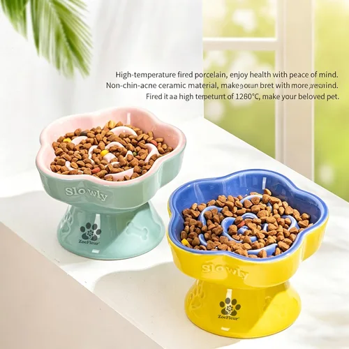 Vista 4 de Cuenco elevado de cerámica para gatos de alimentación lenta, lindo cuenco elevado para comida para mascotas, alimentador de rompecabezas para gatos