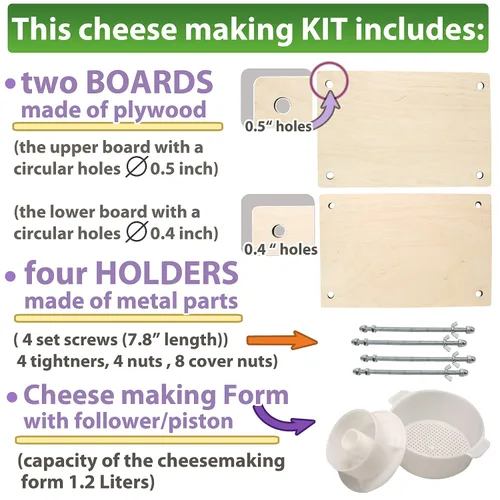 Vista 3 de PetriStor Prensa de queso de madera para suministros de fabricación de queso, guías de metal de 12 pulgadas y molde de queso con pistón seguidor
