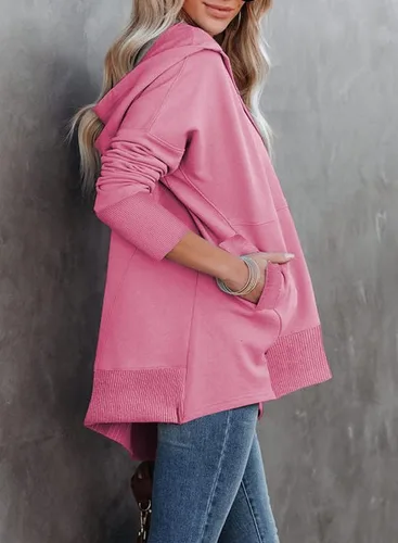 Vista 3 de SHEWIN Sudadera de gran tamaño para mujer, casual, con botones, cuello en V, con bolsillo