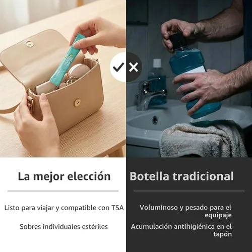 Vista 3 de Enjuague bucal de tamaño de viaje, paquetes portátiles para llevar, sin alcohol ni flúor, tiras de enjuague bucal de menta fresca para una higiene
