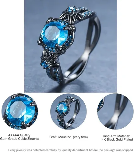 Vista 6 de Anillos góticos negros para mujer, topacio arcoíris místico con flor de amatista creada, anillo de compromiso gótico de oro negro, talla 6 a 11