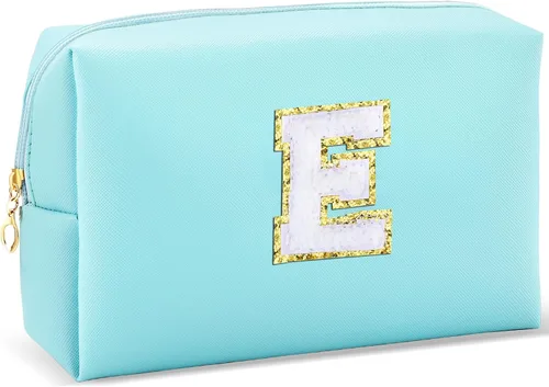 Vista 19 de URSKYTOUS Regalos para niñas, bolsa de maquillaje con inicial, bolsa de cosméticos personalizada con cremallera, bonita bolsa de aseo de viaje, Azul