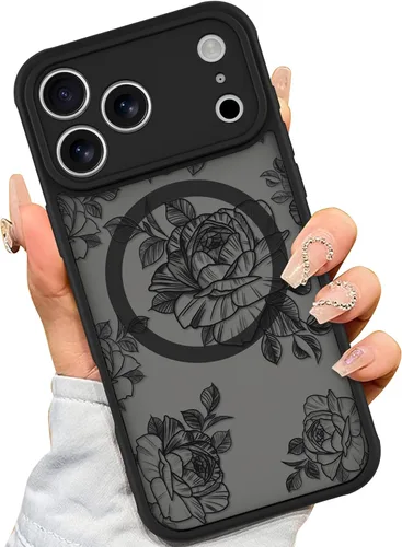Vista 14 de AIGOMARA Magnetic Case for iPhone 16 Pro, Striped Floral - Black Black - Striped Floral