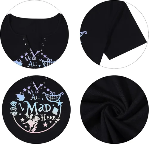 Vista 7 de ASTANFY - Camiseta para mujer "We're All Mad Here", con estampado mágico, lindas camisetas gráficas, tops casuales de manga corta para vacaciones