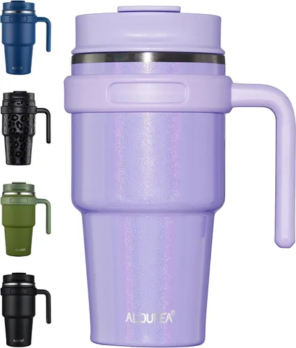 Vista 29 de Taza de café aislada de 20 onzas con asa, vaso de viaje de acero inoxidable con tapa y popote, taza térmica de doble pared al vacío a prueba de Negro