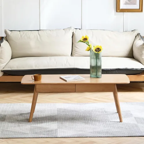 Vista 6 de Mesa de centro cuadrada de madera maciza con almacenamiento, mesa de mediados de siglo hecha a mano 100% madera de roble macizo natural para sala