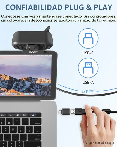 Vista 5 de Acer Cámara web A610 1080p para PC con micrófonos Cámara de computadora Negro