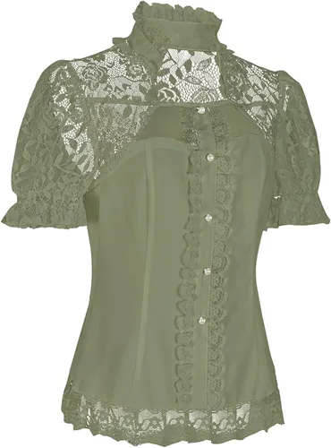 Vista 3 de Blusas elegantes de encaje de manga corta para mujer, cuello alto, color liso