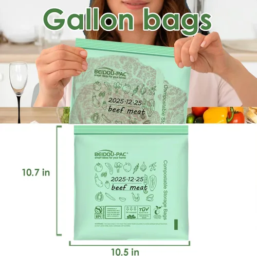 Vista 3 de BEIDOU-PAC Bolsas compostables para congelador de almacenamiento de alimentos, 50 unidades, 2 mil, 10.5 x 10.7 pulgadas, frescura, fácil de abrir
